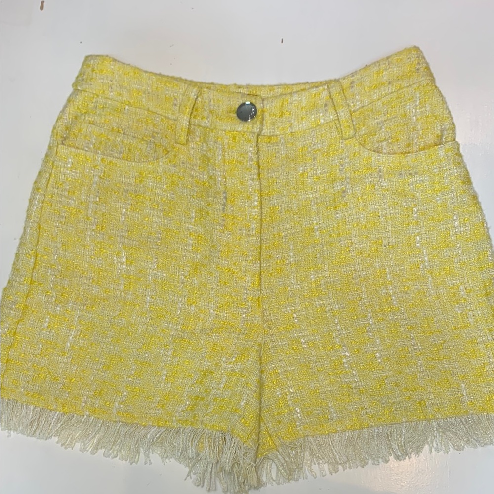 STAUD “Sorno” Yellow and Cream High Waist Fringe Tweed Shorts - Picture 3 of 6